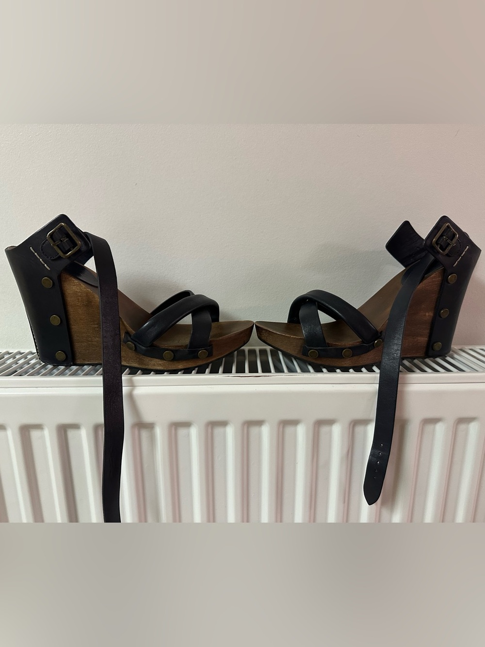 Navy Blue Leather Strappy Wedge Sandals with Buckle